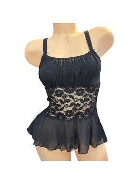 Black Lace Sheer Babydoll Top With Adjustable Straps - Size S